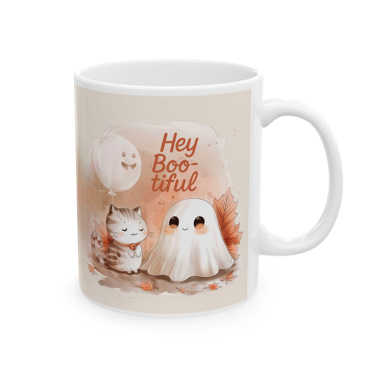 Autumn Hey Boo-tiful Ghost Ceramic Mug, Cozy Fall Mug, Cute Ghost Coffee Cup, Gift for Ghose Lovers, Halloween Decor, Thanksgiving Coffee Mug