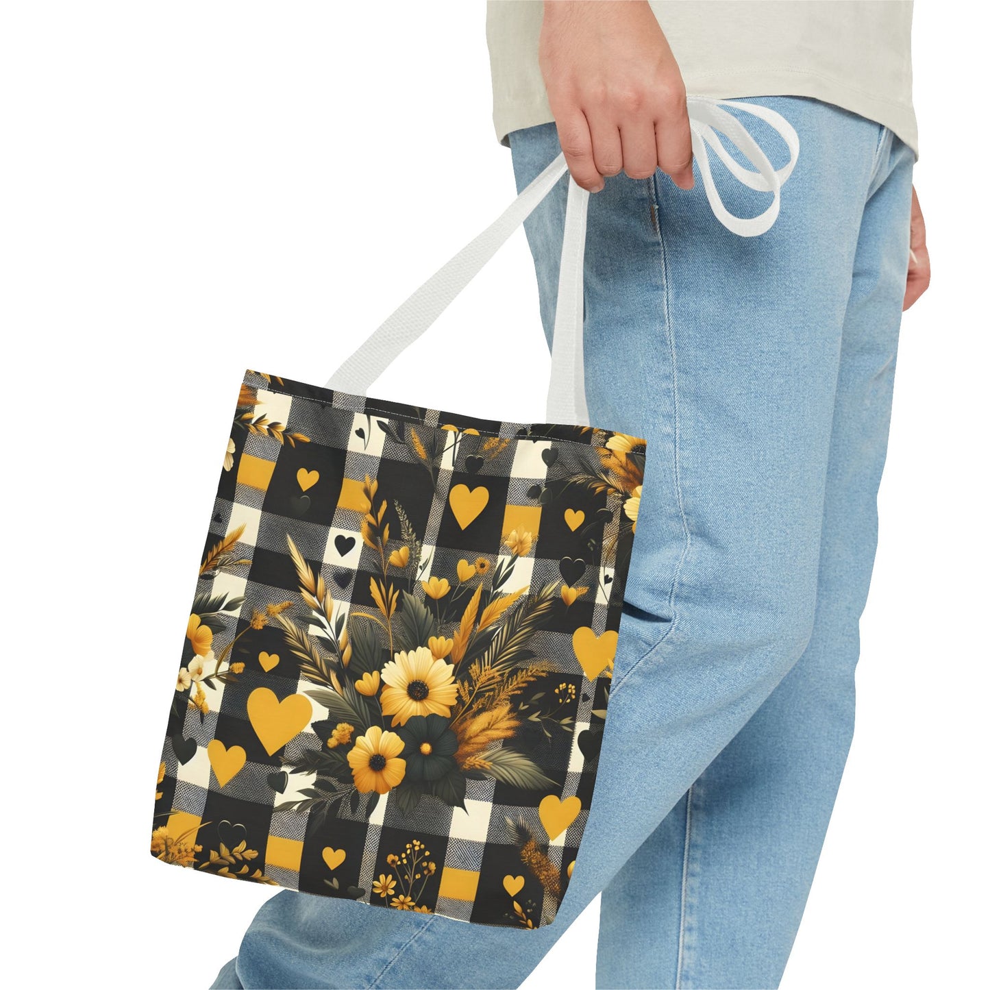 Stylish Yellow and Black Plaid Pattern with Floral and Hearts Tote Bag(AOP)