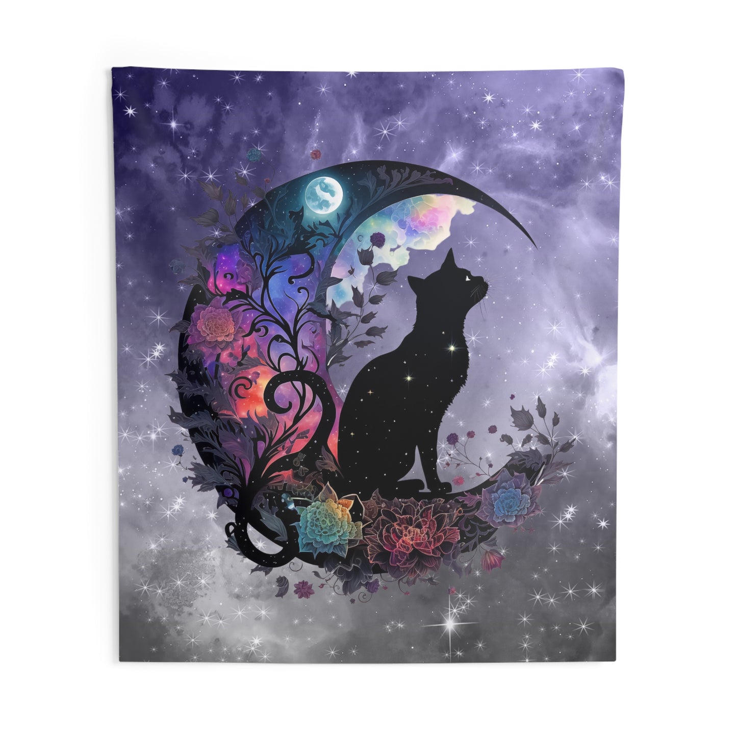 Celestial Cat Wall Tapestry, Bohemian Decor, Gothic Home Art, Cat Lover Gift, Bedroom Wall Hanging, Mystical Room Decor
