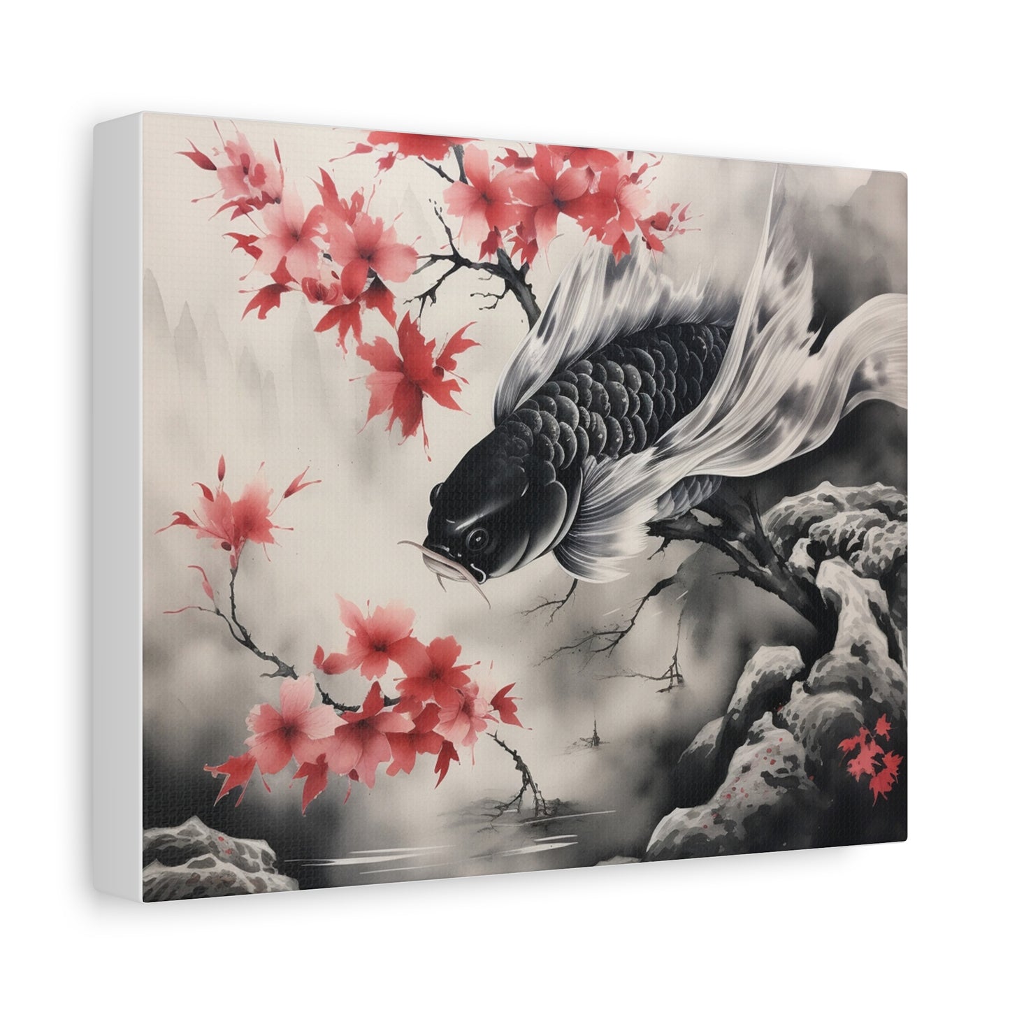 Koi Fish Artwork Canvas Wall Art Print - Elegant Decorative Wall Art with Cherry Blossoms