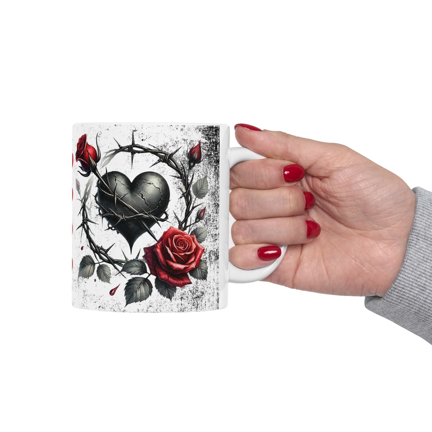 Valentine Ceramic Mug - "Will You Be My Valentine" Gothic Red Rose & Thorn Design with 'Valentine' Hearts (11oz/15oz)