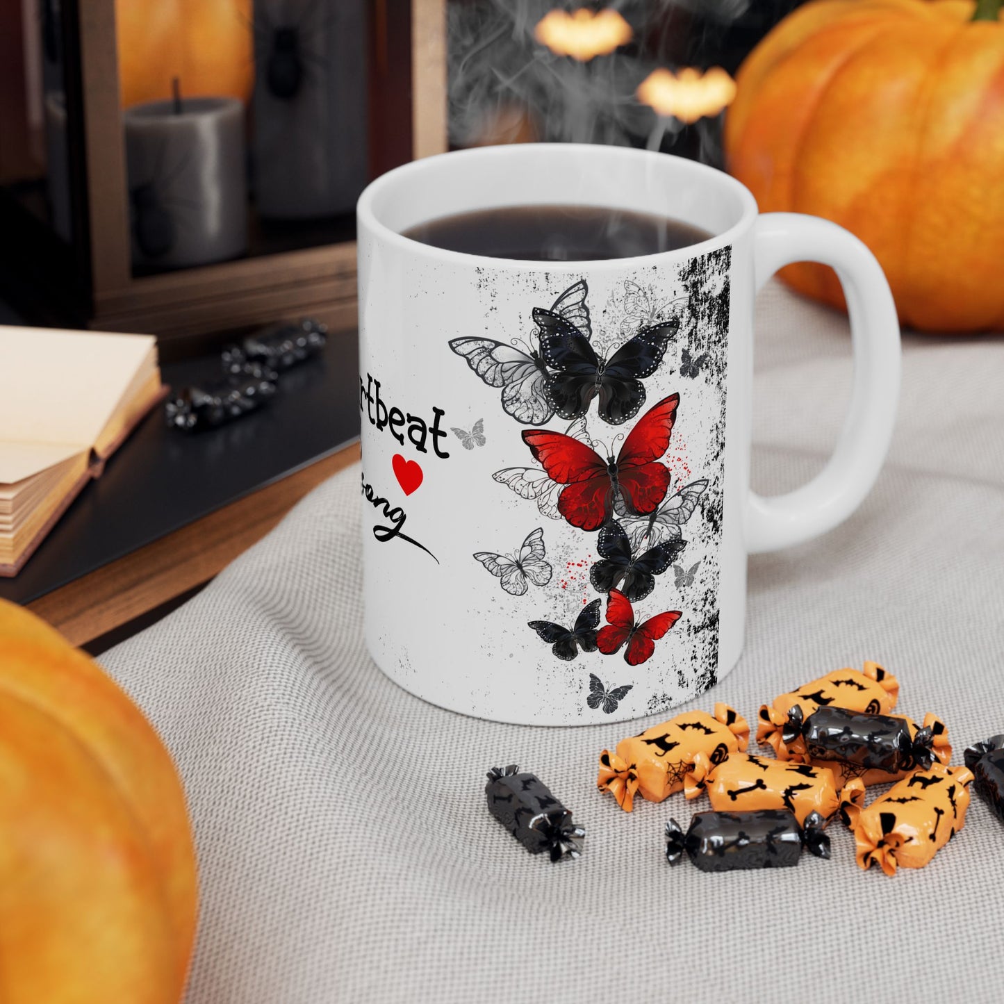 Romantic Heartbeat With Butterflies Ceramic Mug – “Your Heartbeat Is My Favorite Song” Gift