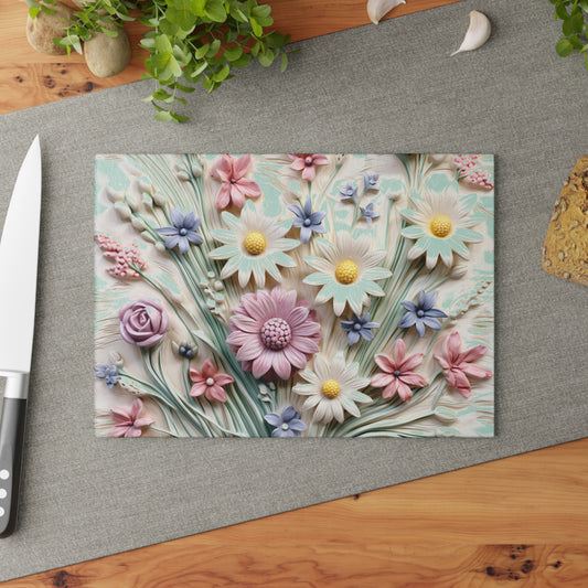 Floral Glass Cutting Board with Embossed Flower Design