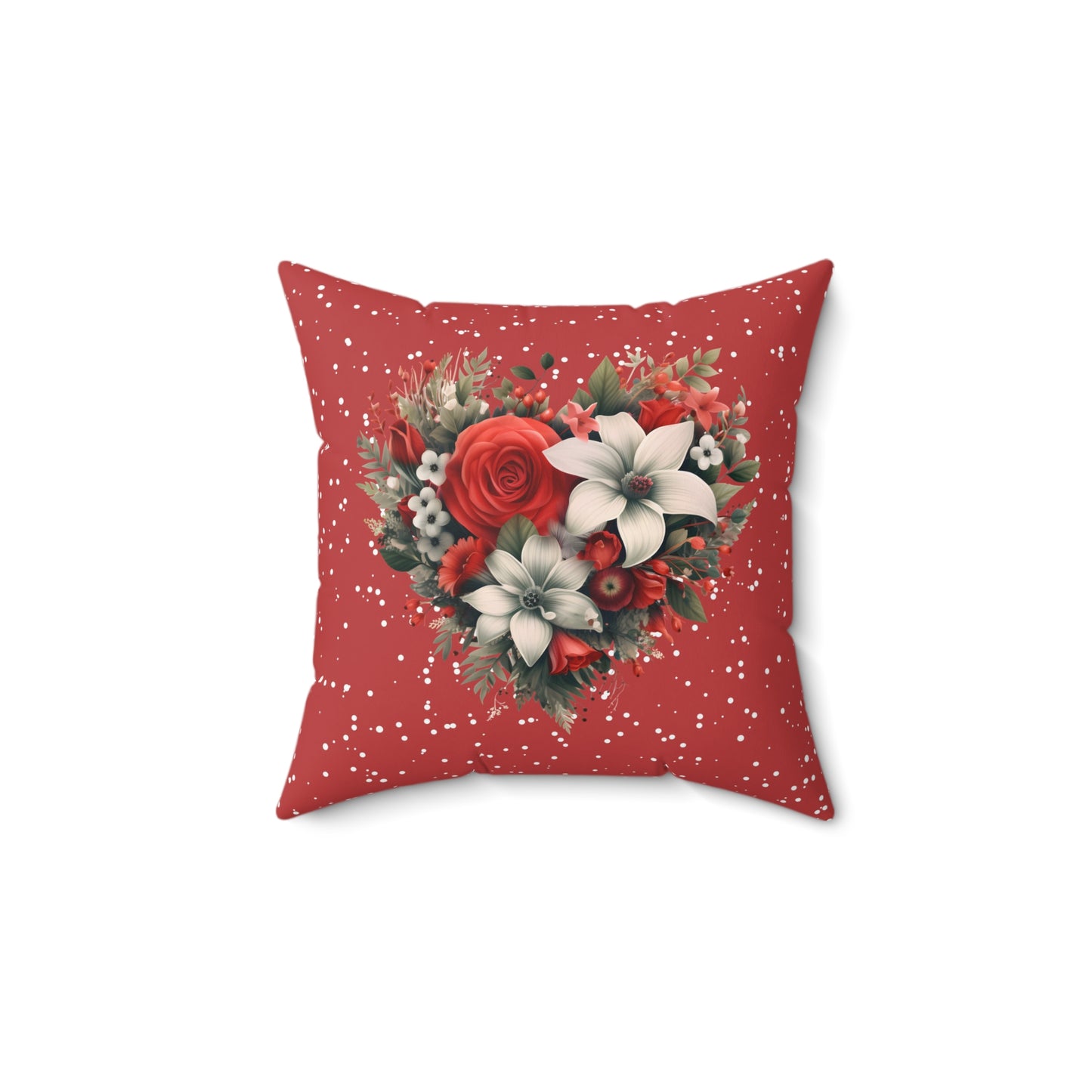 Spun Polyester Square Pillow features a Heart Shape Christmas Floral Design on One Side, Beautiful Accent for Home or Office