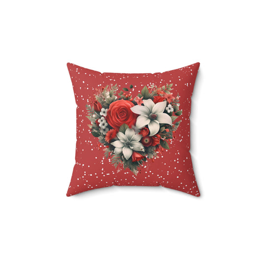 Spun Polyester Square Pillow features a Heart Shape Christmas Floral Design on One Side, Beautiful Accent for Home or Office