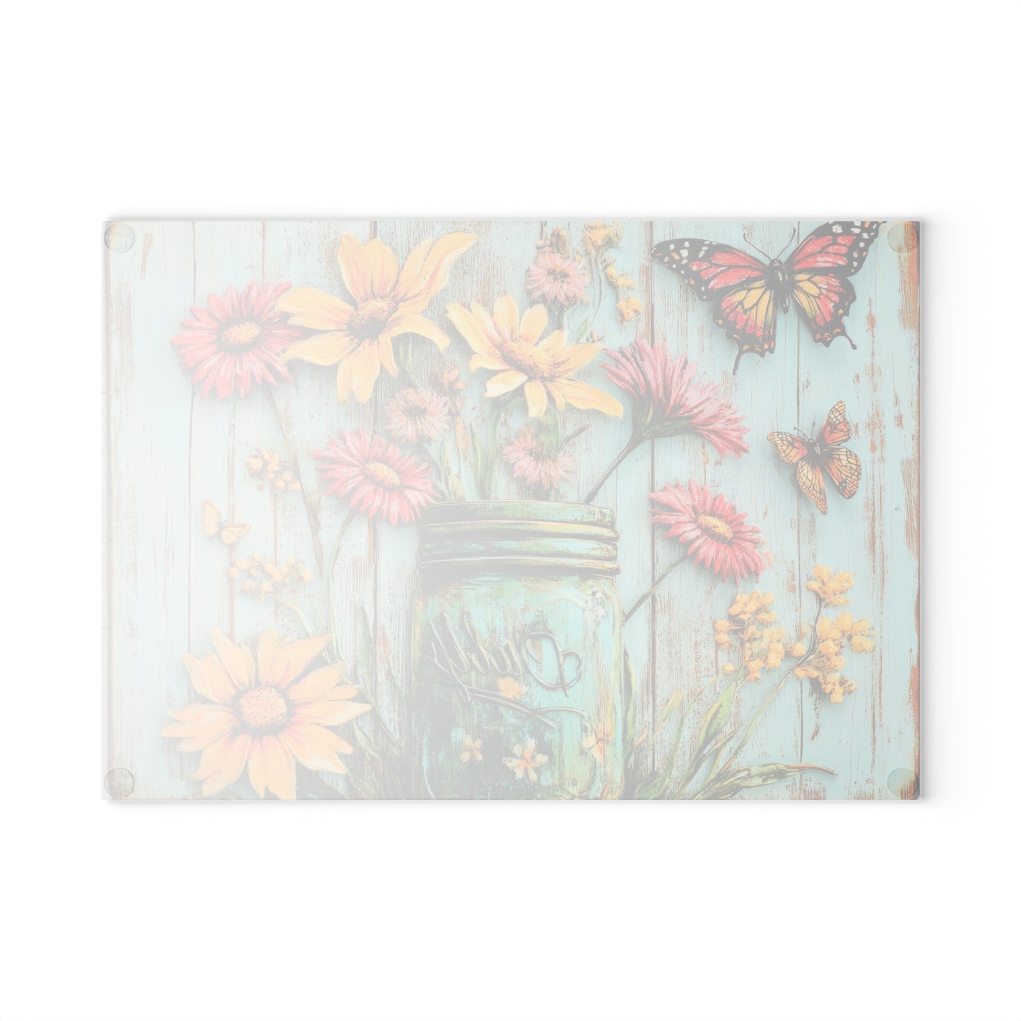 Floral Mason Jar Glass Cutting Board - Rustic Charm
