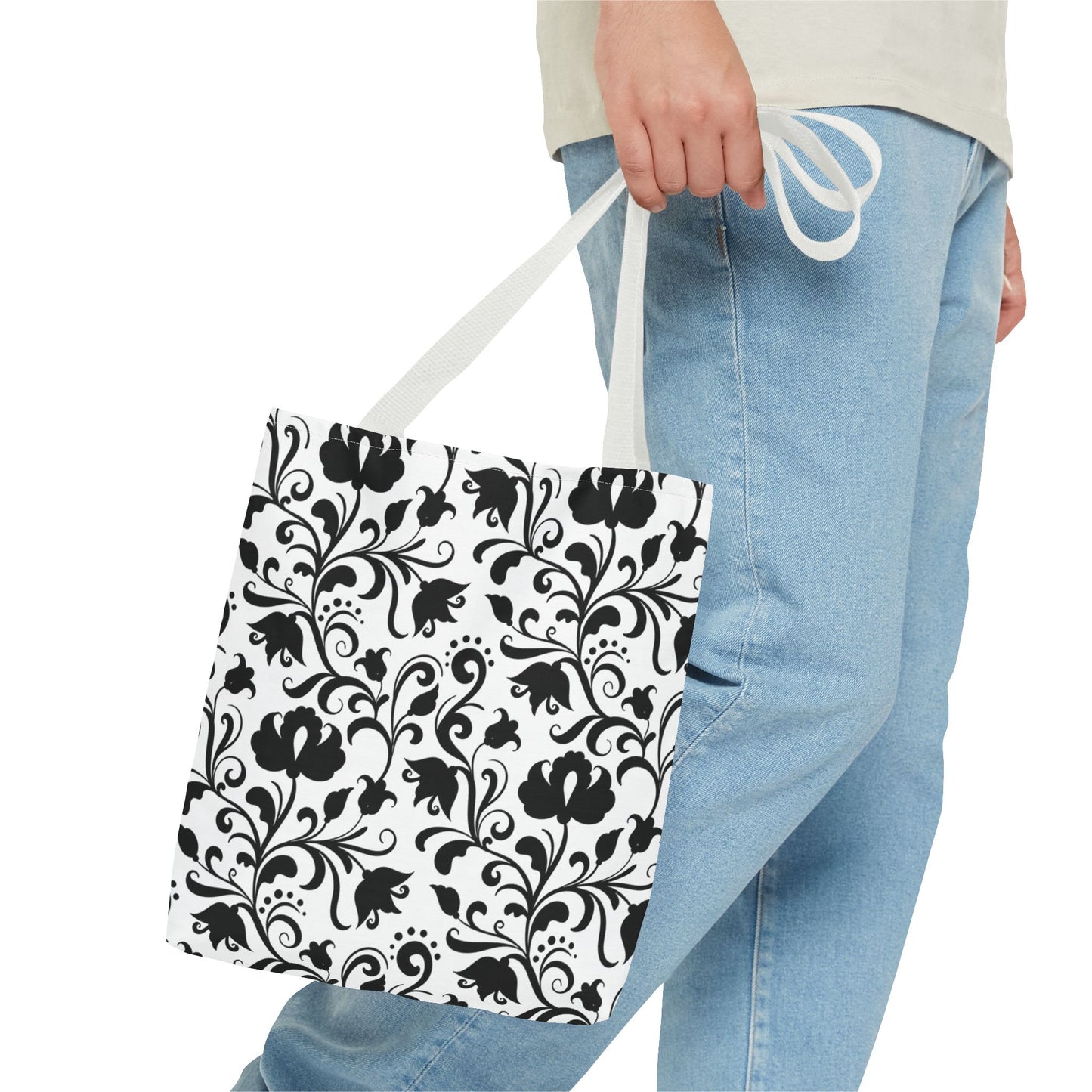 Black and White Floral Tote Bag - Stylish AOP Fashion Everyday Gift