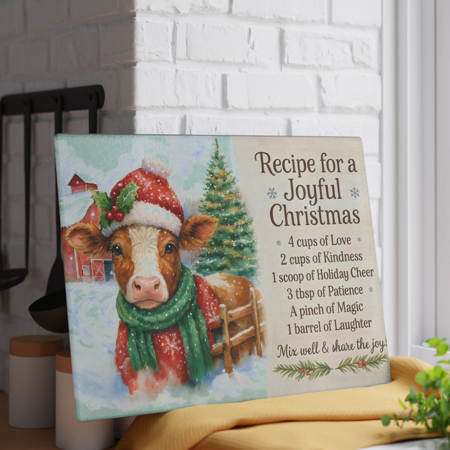 Holiday Recipe Glass Cutting Board - Joyful Christmas Design