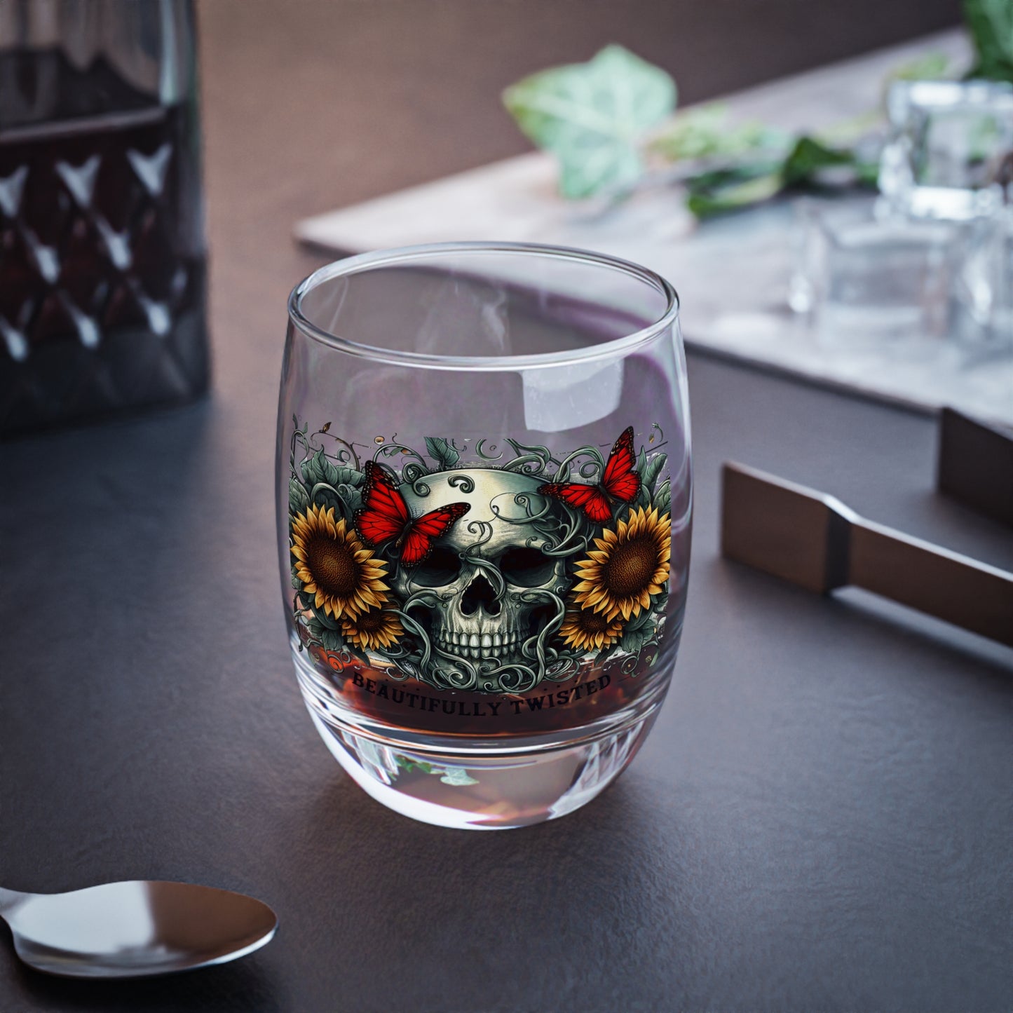 Skull & Sunflower Whiskey Glass 6oz — 'Beautifully Twisted' Glass