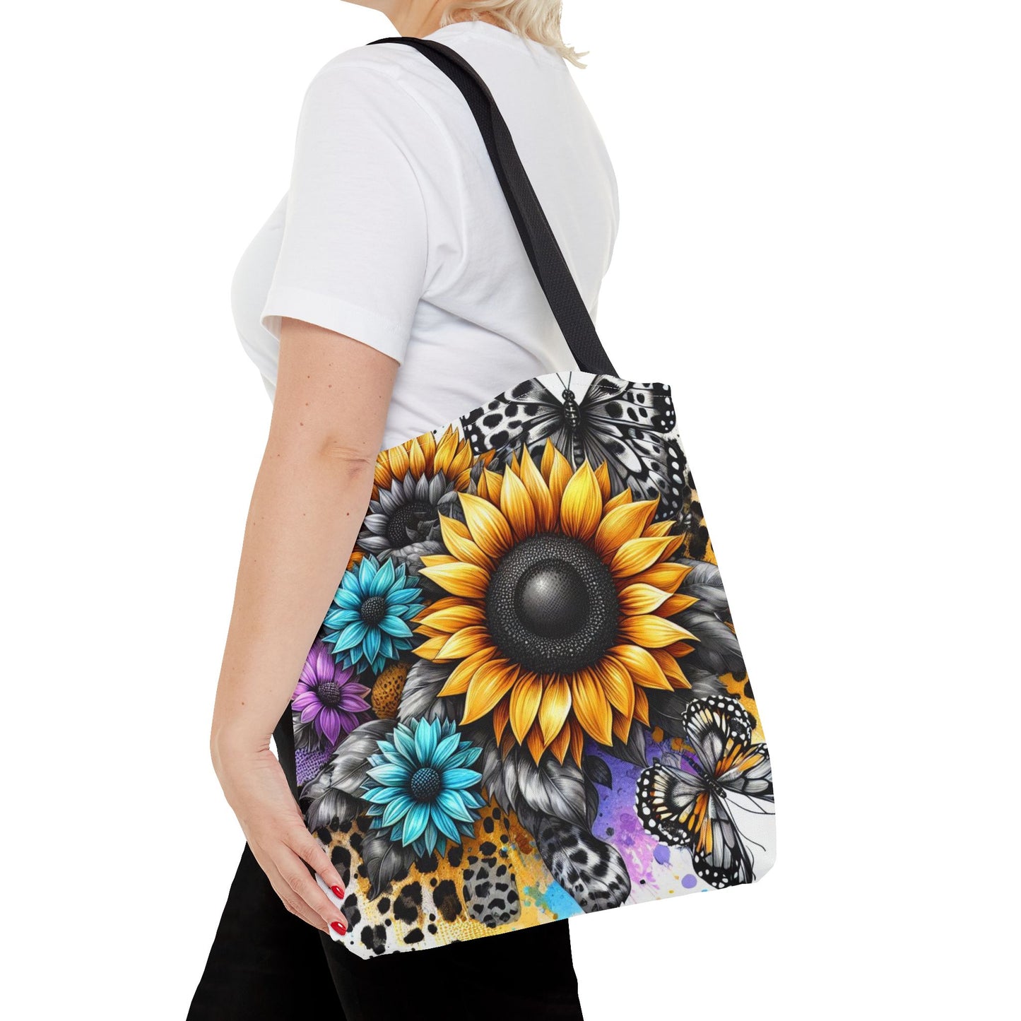 Sunflower & Butterfly Tote Bag — Colorful Floral All-Over Print