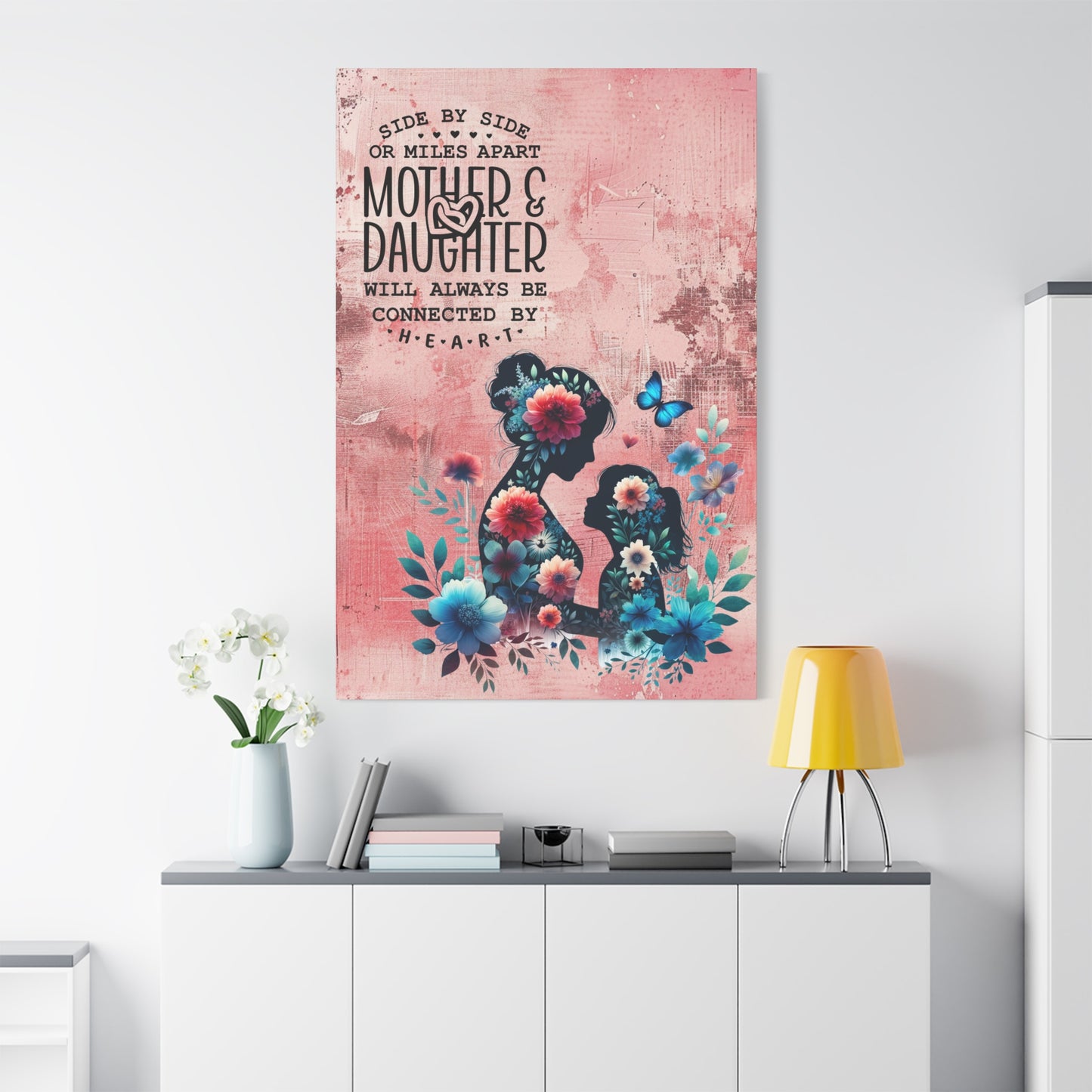 Mother-Daughter Love With Floral And Butterfly Canvas Wall Art Print