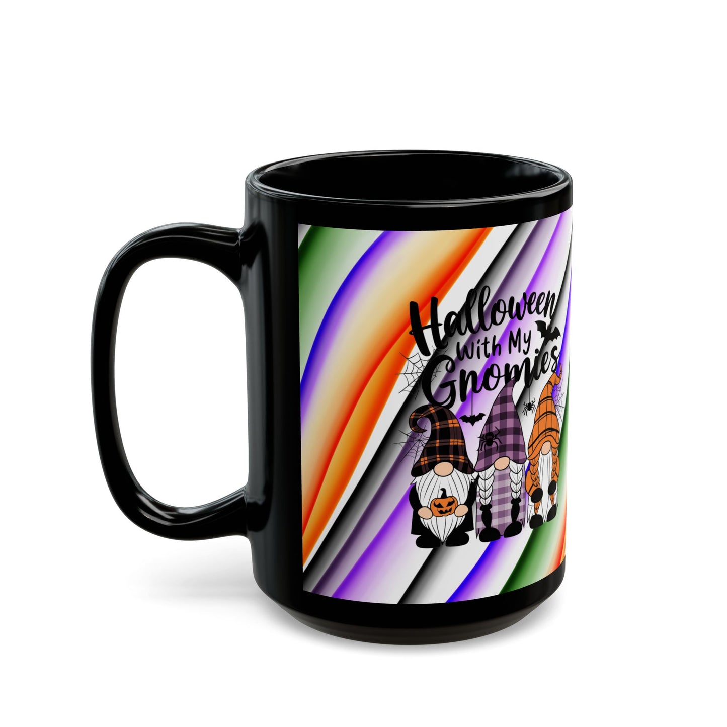 Halloween Theme Black Mug (11oz, 15oz), Cute Halloween Expression, Halloween Lovers, Gnome Lovers, Coffee, Tea, Hot Chocolate Lovers Gift Idea