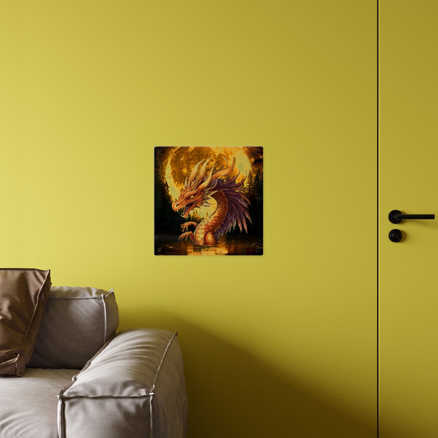 Gothic Theme Acrylic Wall Art Panel, Purple Dragon with Moon Background, Dragon Lovers, For Anyone, Accent for Any Room