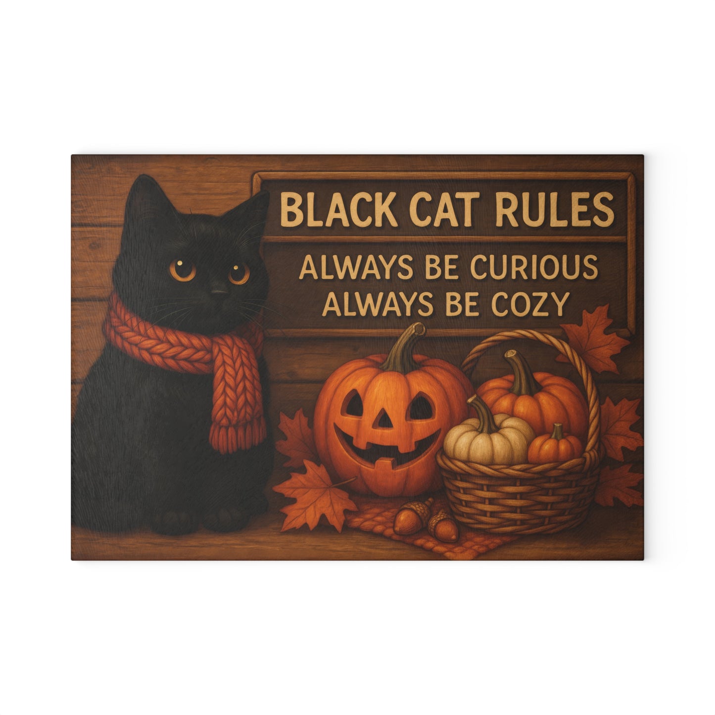 Black Cat Rules Glass Cutting Board - Always Be Curious, Always Be Cozy