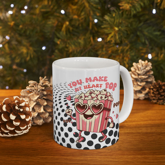 Valentine's Day Ceramic Mug – 'You Make My Heart Pop' Polka Dot Love Coffee Cup (11oz/15oz)