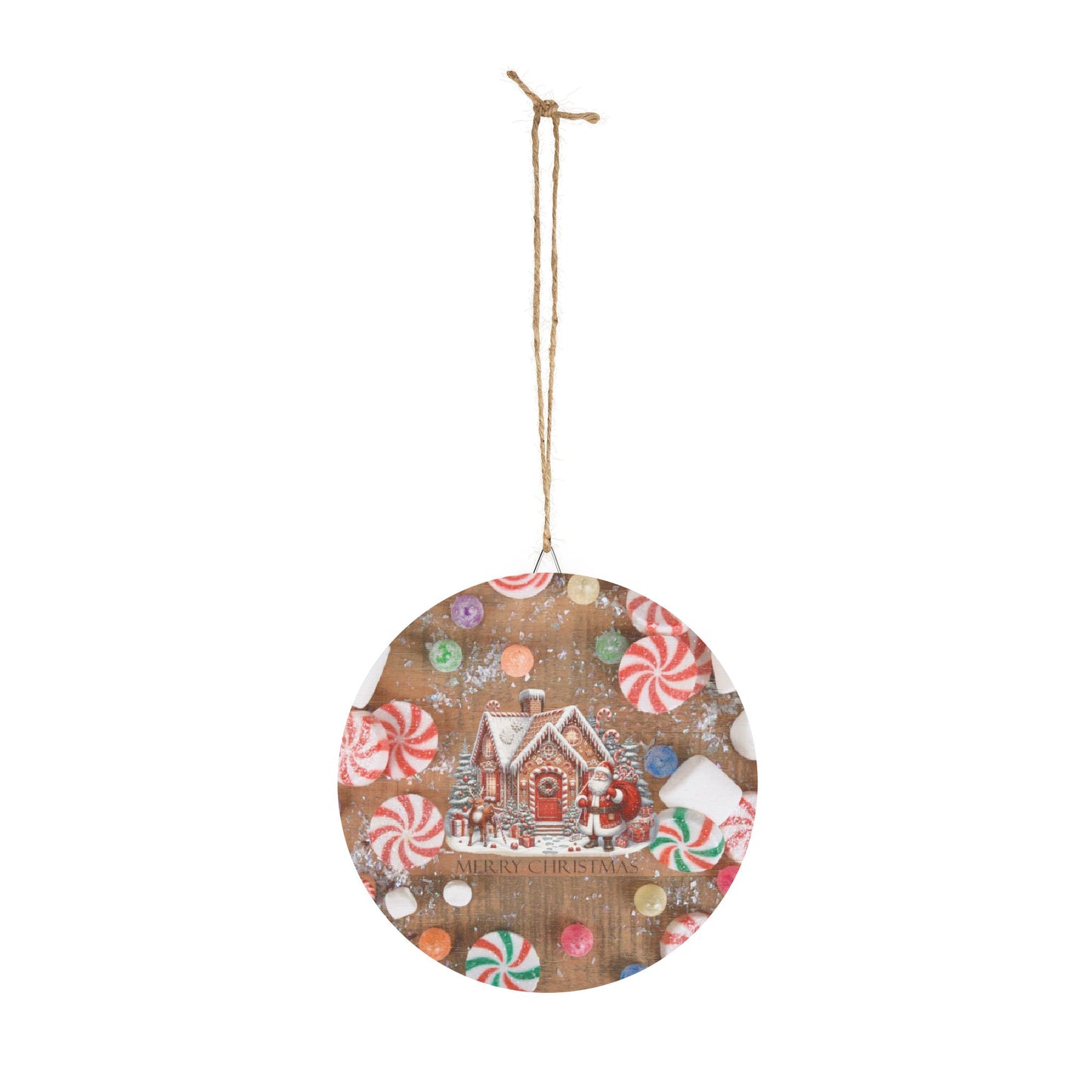 Rustic Charm Gingerbread House & Santa Claus Wood Signs With Candy Background.