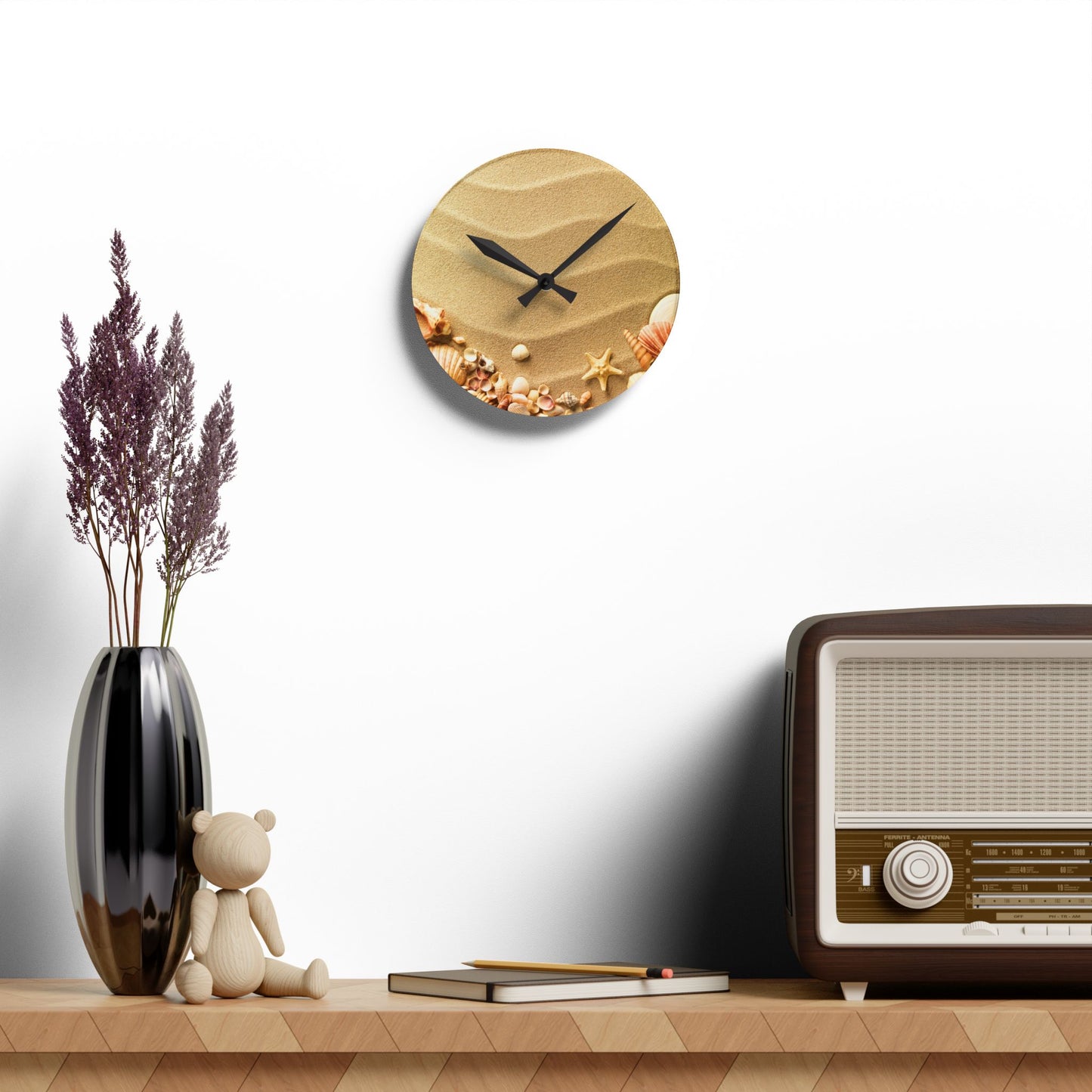 Sand Sea Shells Acrylic Wall Clock - Beach Home Office Decor