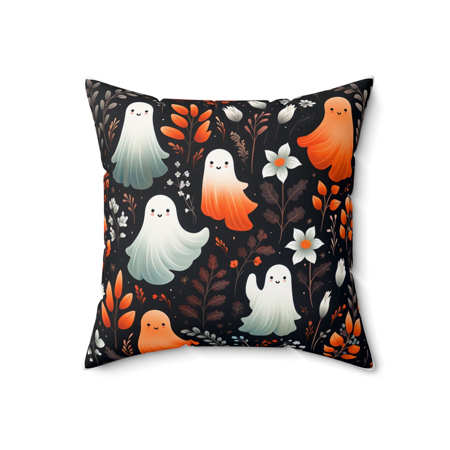 Friendly Ghosts And Floral Spun Polyester Square Pillow, Accent for Any Room, Beautiful Fun Festive Halloween Decor, Great Housewarming Gift Idea