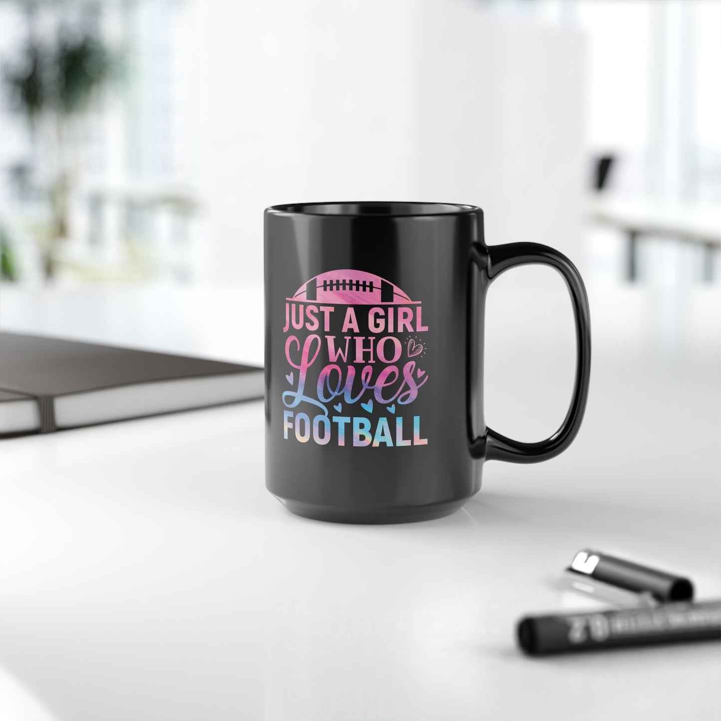 Football Theme for Her Black Mug (11oz, 15oz), Cute Football Quote, Hot Chocolate, Tea, Coffee Lovers, Football Lovers, Great Gift Idea for Any Occasion for Her