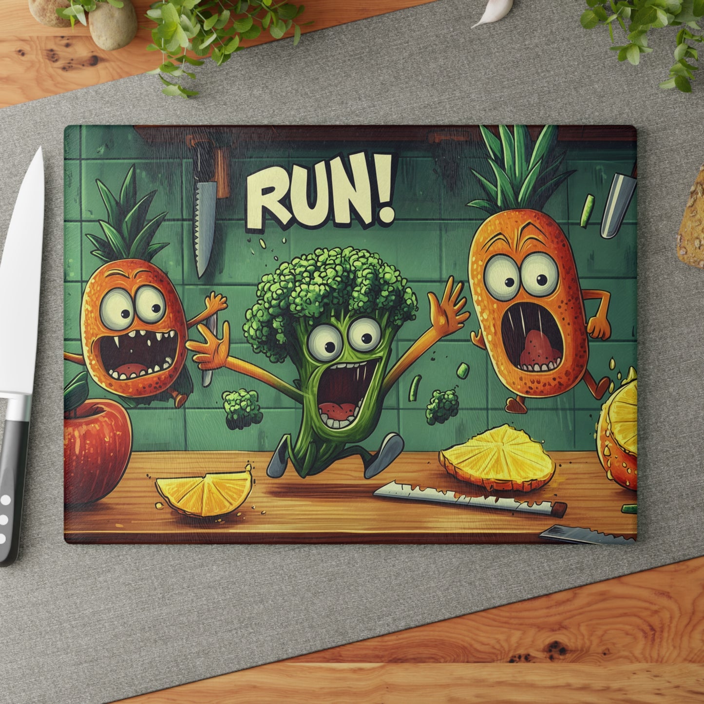 Fun Cartoon Glass Cutting Board - 'Run!' Veggie Design