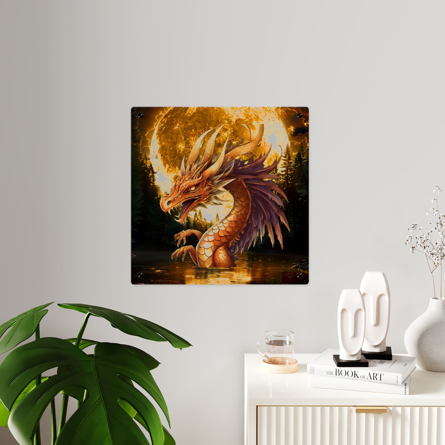 Gothic Theme Acrylic Wall Art Panel, Purple Dragon with Moon Background, Dragon Lovers, For Anyone, Accent for Any Room