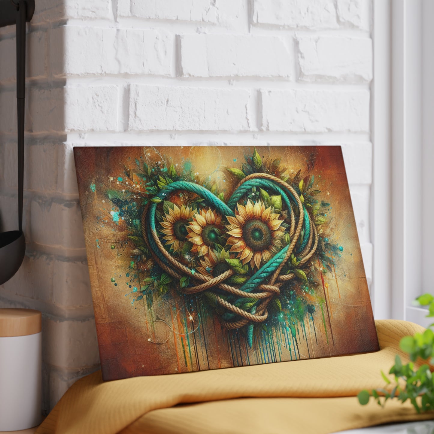 Decorative Glass Cutting Board — Heart Rope Floral Art