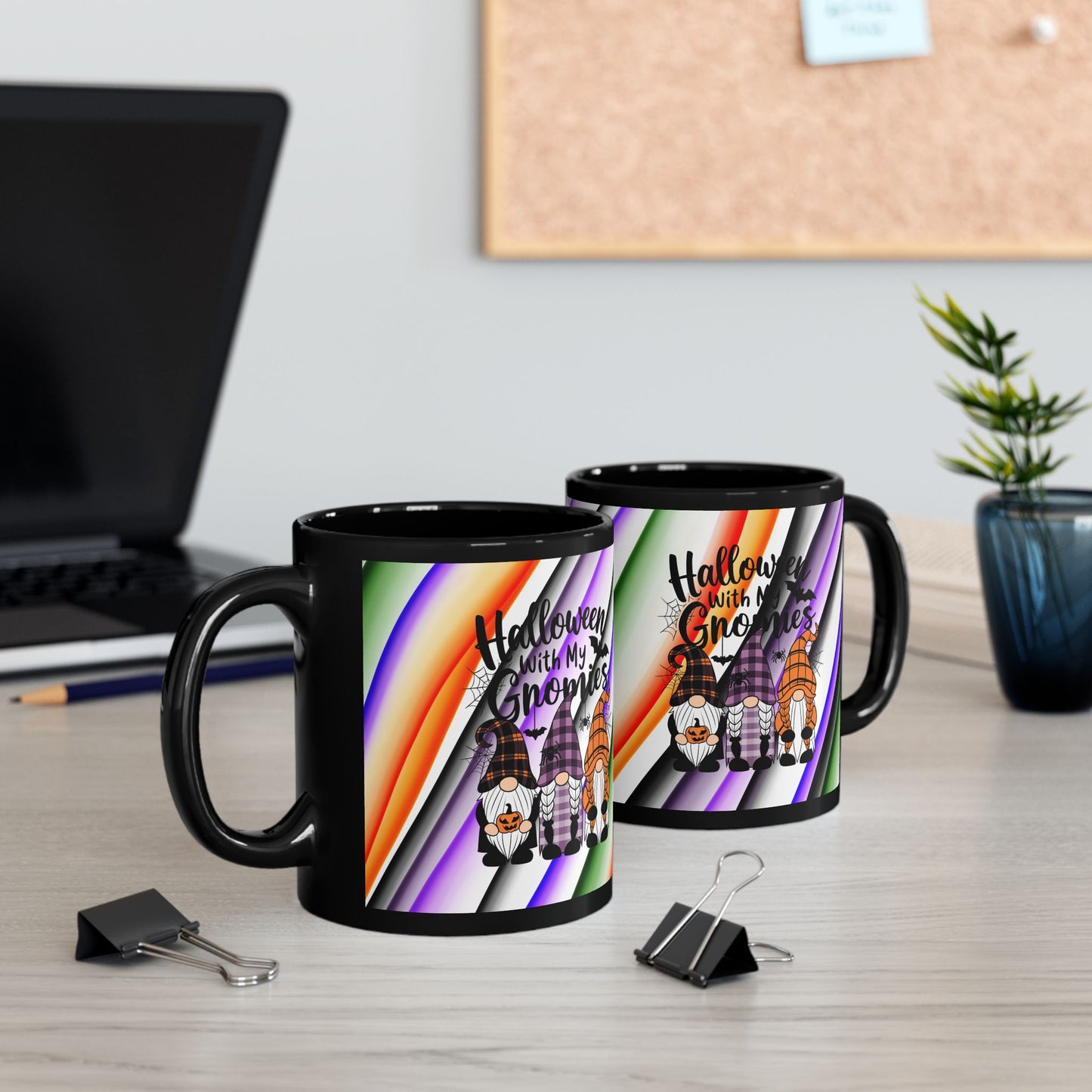 Halloween Theme Black Mug (11oz, 15oz), Cute Halloween Expression, Halloween Lovers, Gnome Lovers, Coffee, Tea, Hot Chocolate Lovers Gift Idea