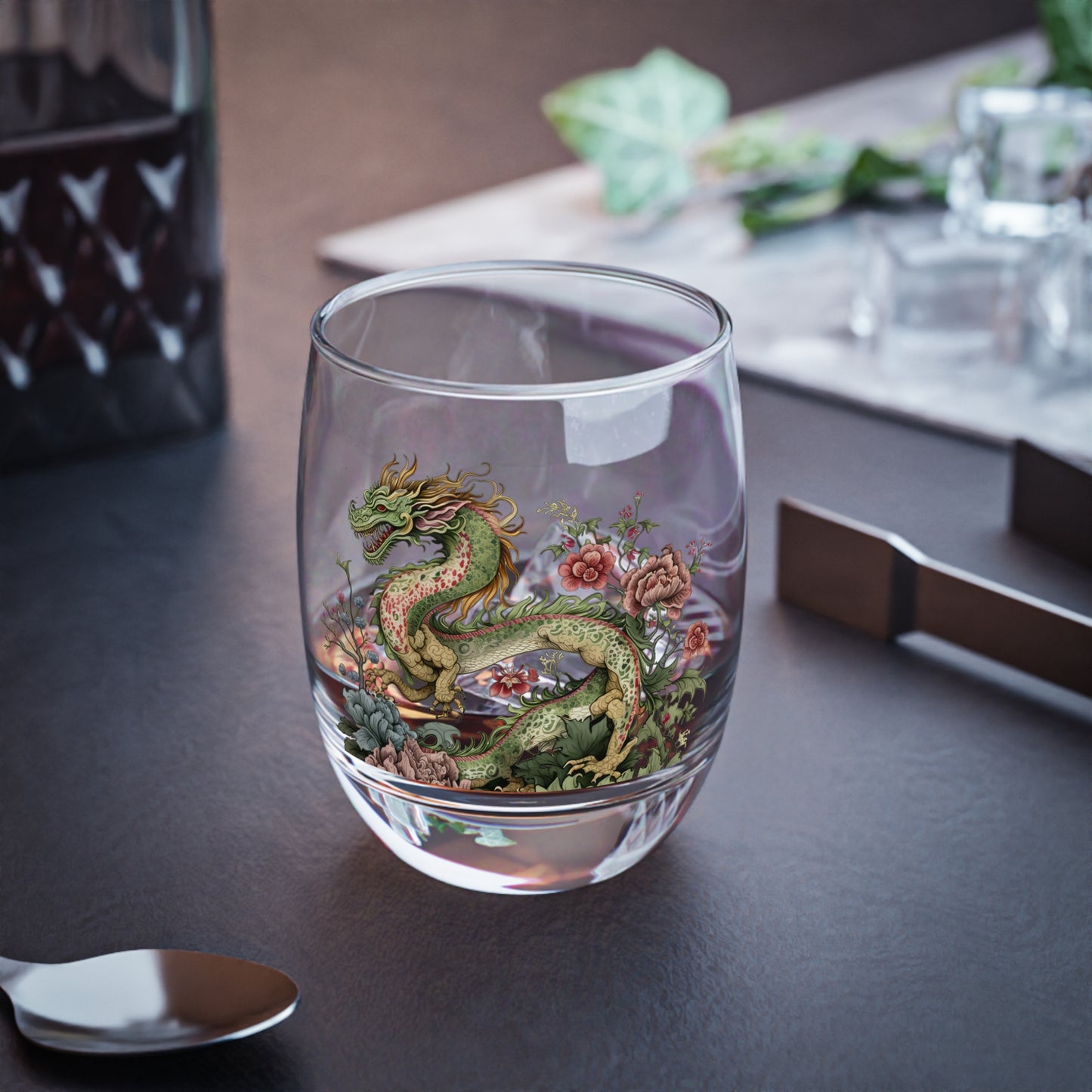 Dragon Floral Whiskey Glass 6oz — Japanese-Style Green Dragon Decorative Rocks Glass