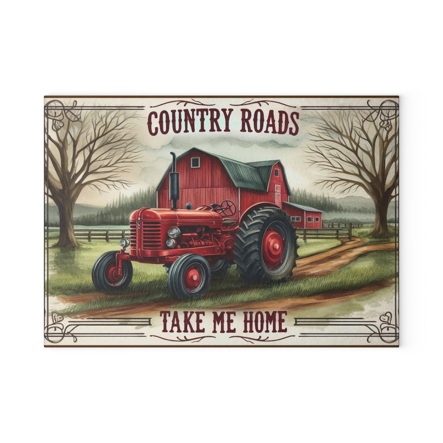 Rustic Farmhouse Glass Cutting Board with "Country Roads Take Me Home" Design