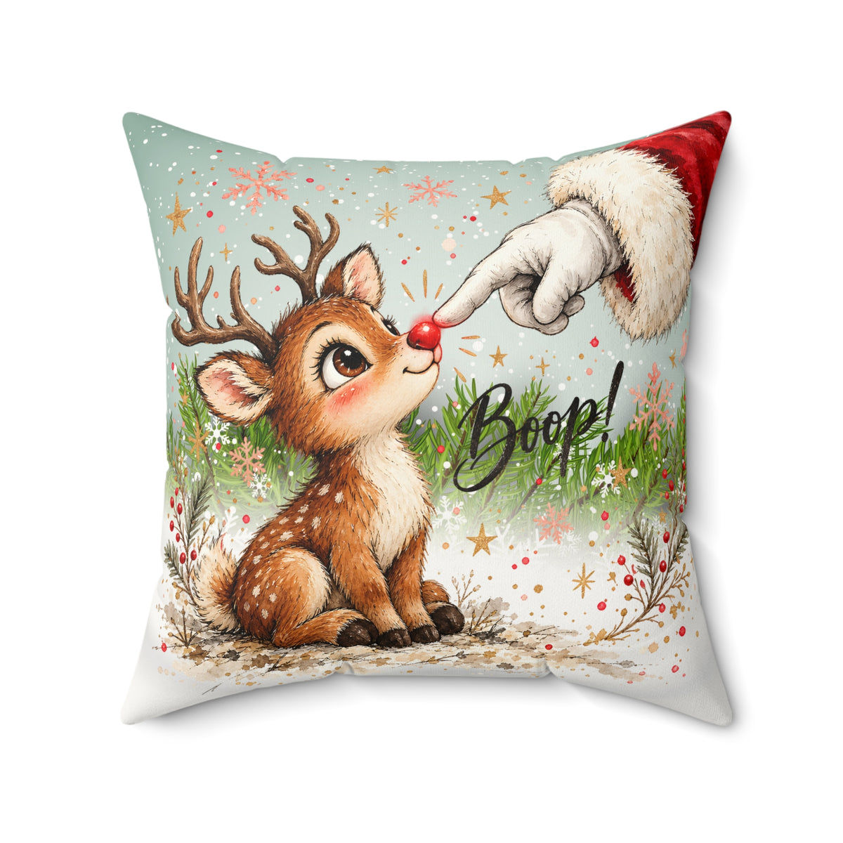 Cute Reindeer 'Boop' Christmas Throw Pillow - Faux Suede Holiday Decor Throw Pillow