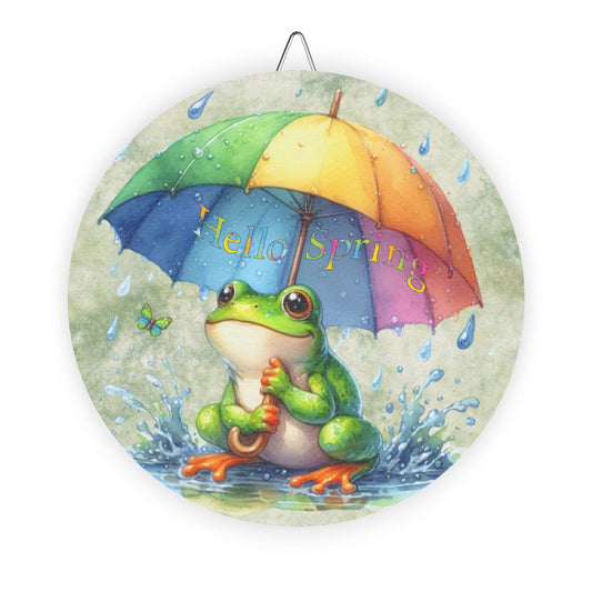 Spring Themed Rustic Charm Wood Sign for Home - 'Hello Spring' Rustic Charm Decor with Frog and Umbrella