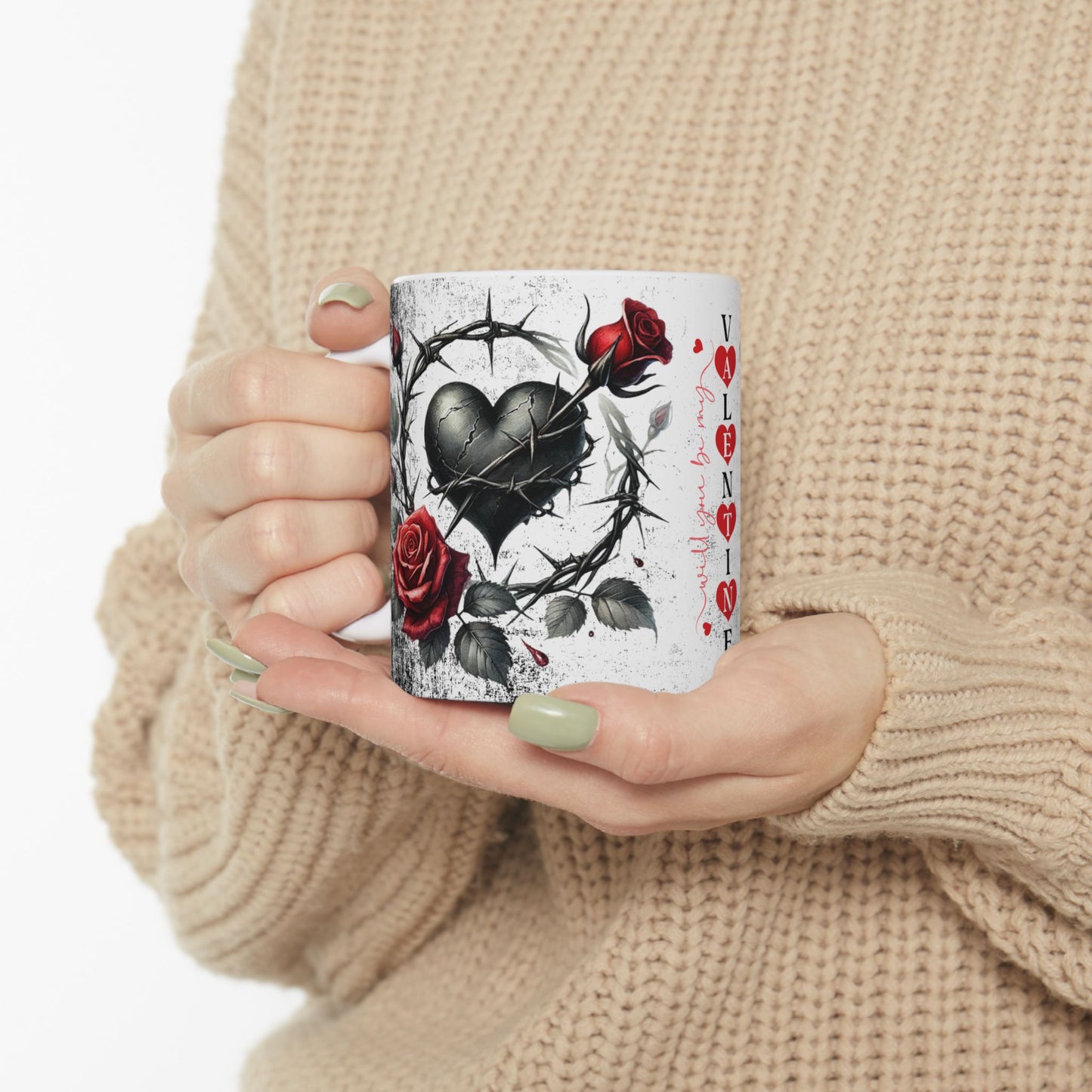 Valentine Ceramic Mug - "Will You Be My Valentine" Gothic Red Rose & Thorn Design with 'Valentine' Hearts (11oz/15oz)