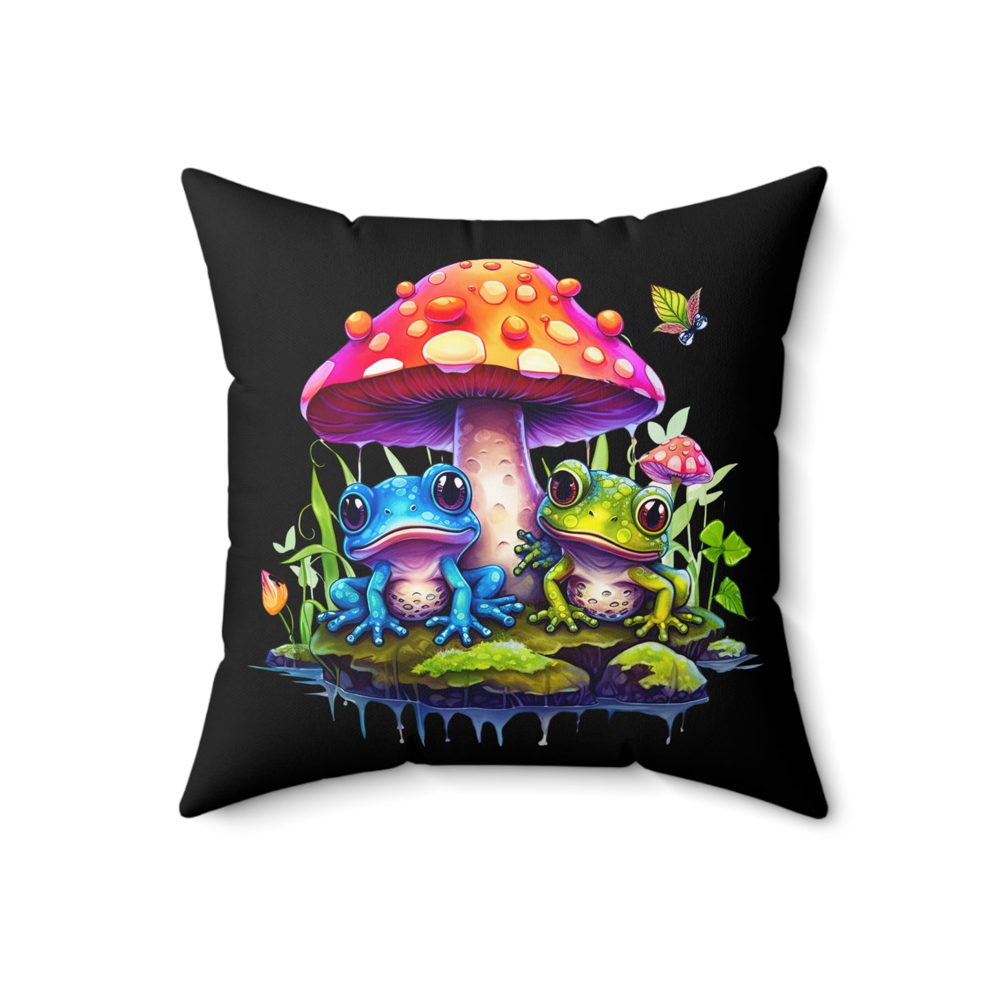 Decorative Spun Polyester Square Pillow, Stylish Mushroom with Frogs Decor for Home or Office, Great Gift Idea for Any Occasion for Anyone