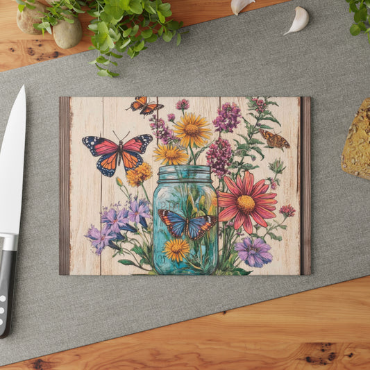 Floral Butterfly Glass Cutting Board - Rustic Kitchen Decor