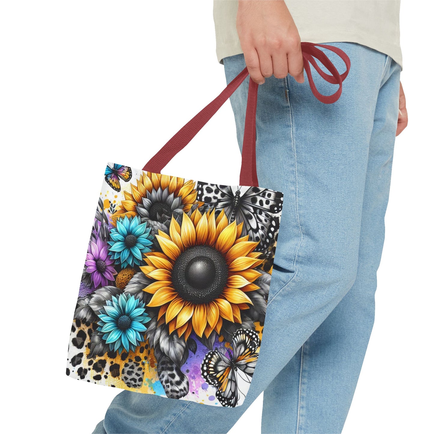 Sunflower & Butterfly Tote Bag — Colorful Floral All-Over Print