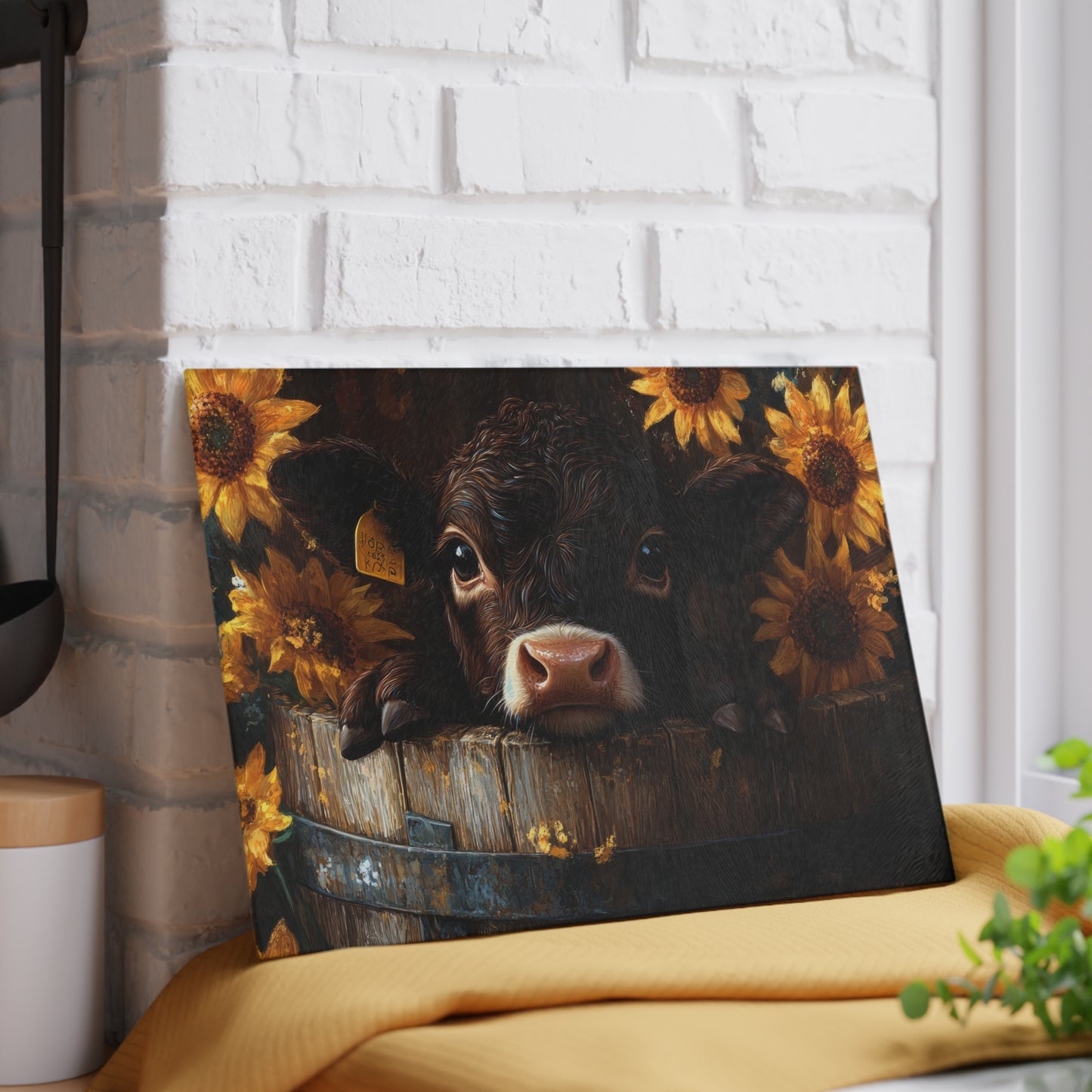 Sunflower Cow Glass Cutting Board - Farmhouse Kitchen Decor