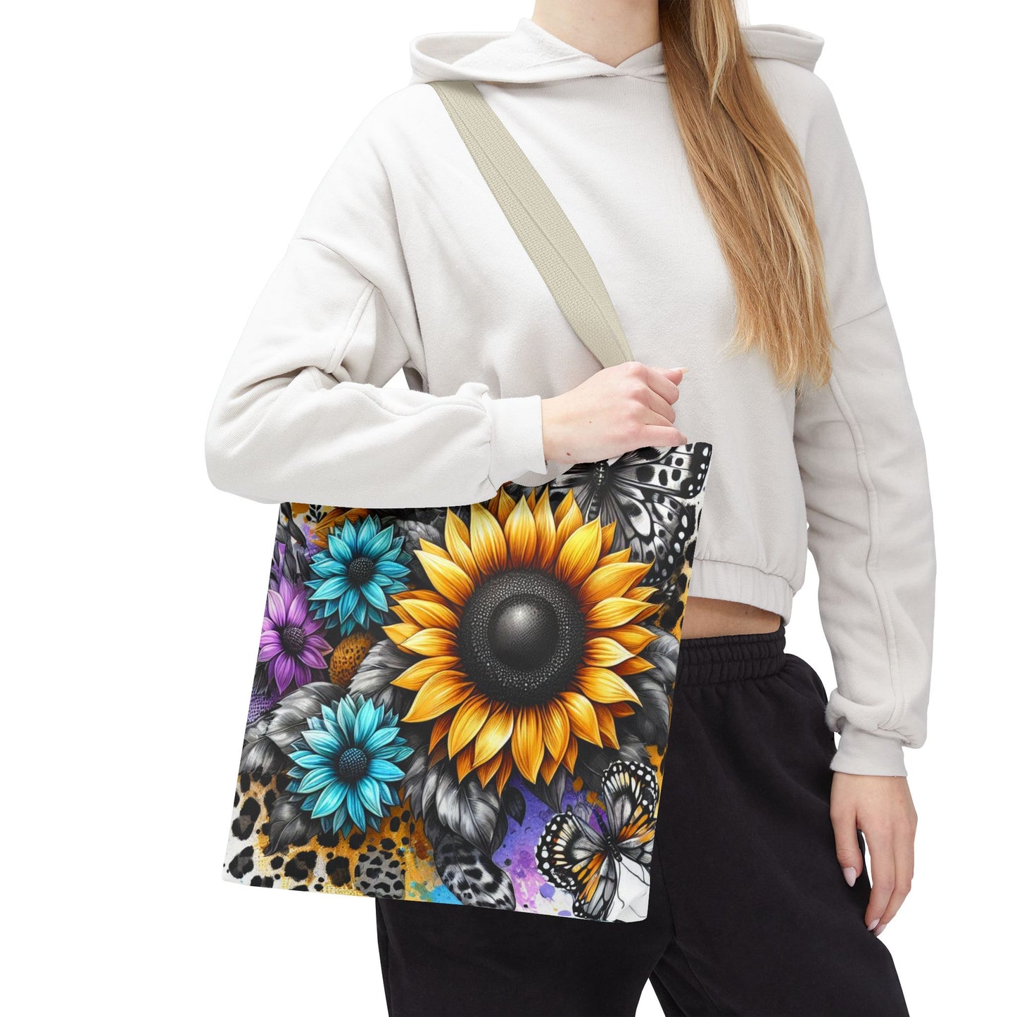 Sunflower & Butterfly Tote Bag — Colorful Floral All-Over Print