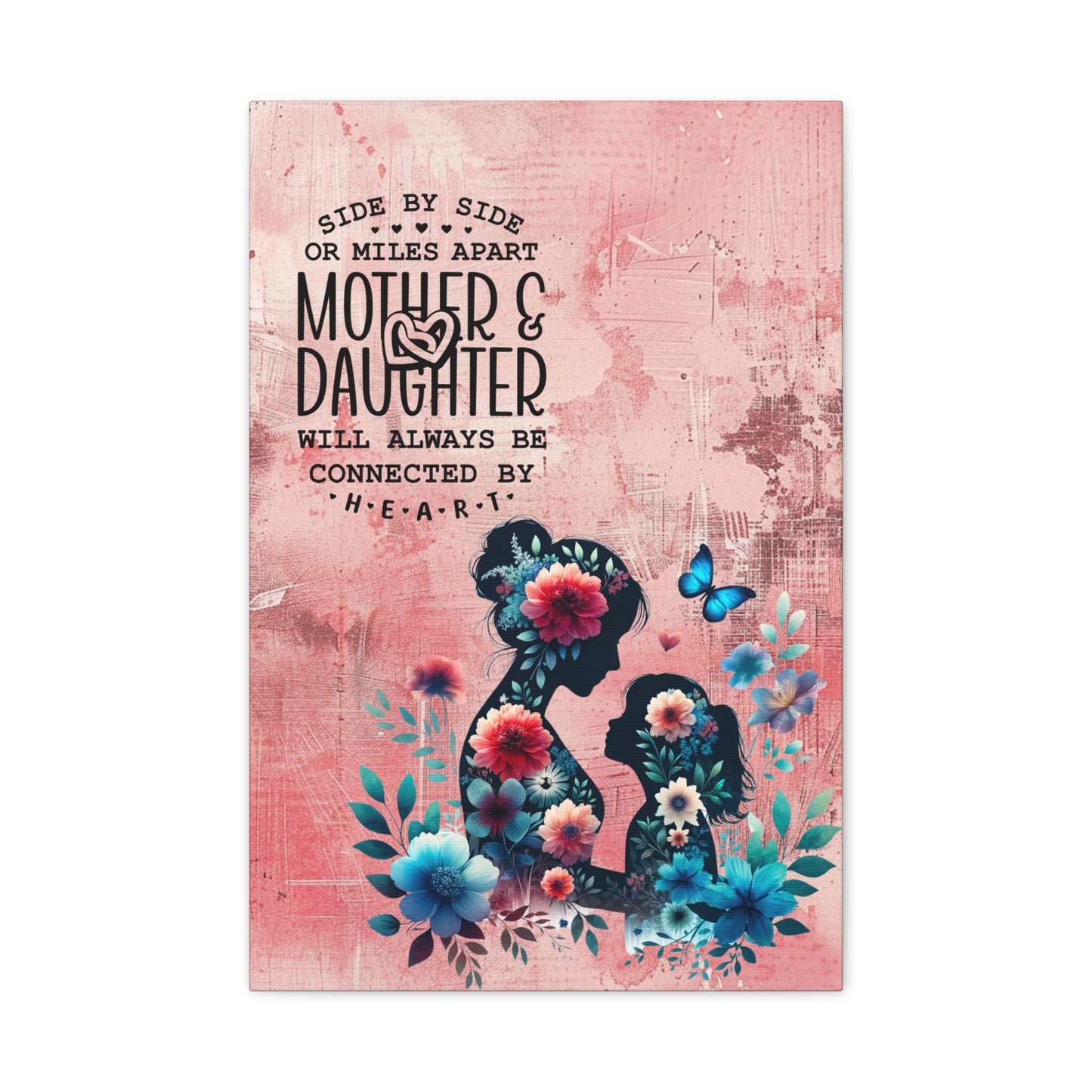 Mother-Daughter Love With Floral And Butterfly Canvas Wall Art Print