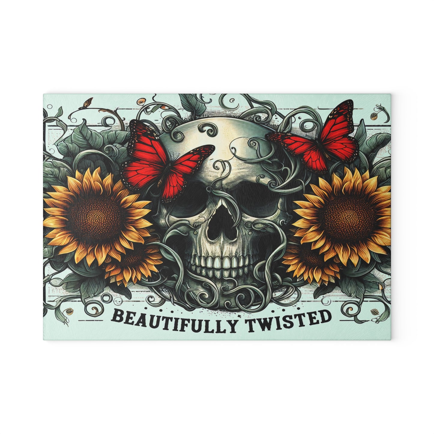 Beautifully Twisted Skull Glass Cutting Board with Sunflowers and Butterflies