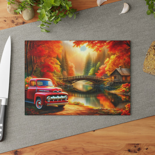 Rustic Autumn Glass Cutting Board with Vintage Truck Design