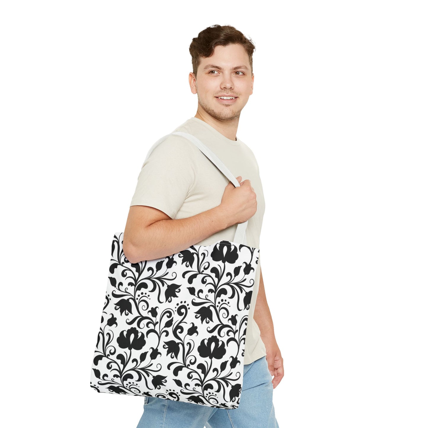 Black and White Floral Tote Bag - Stylish AOP Fashion Everyday Gift