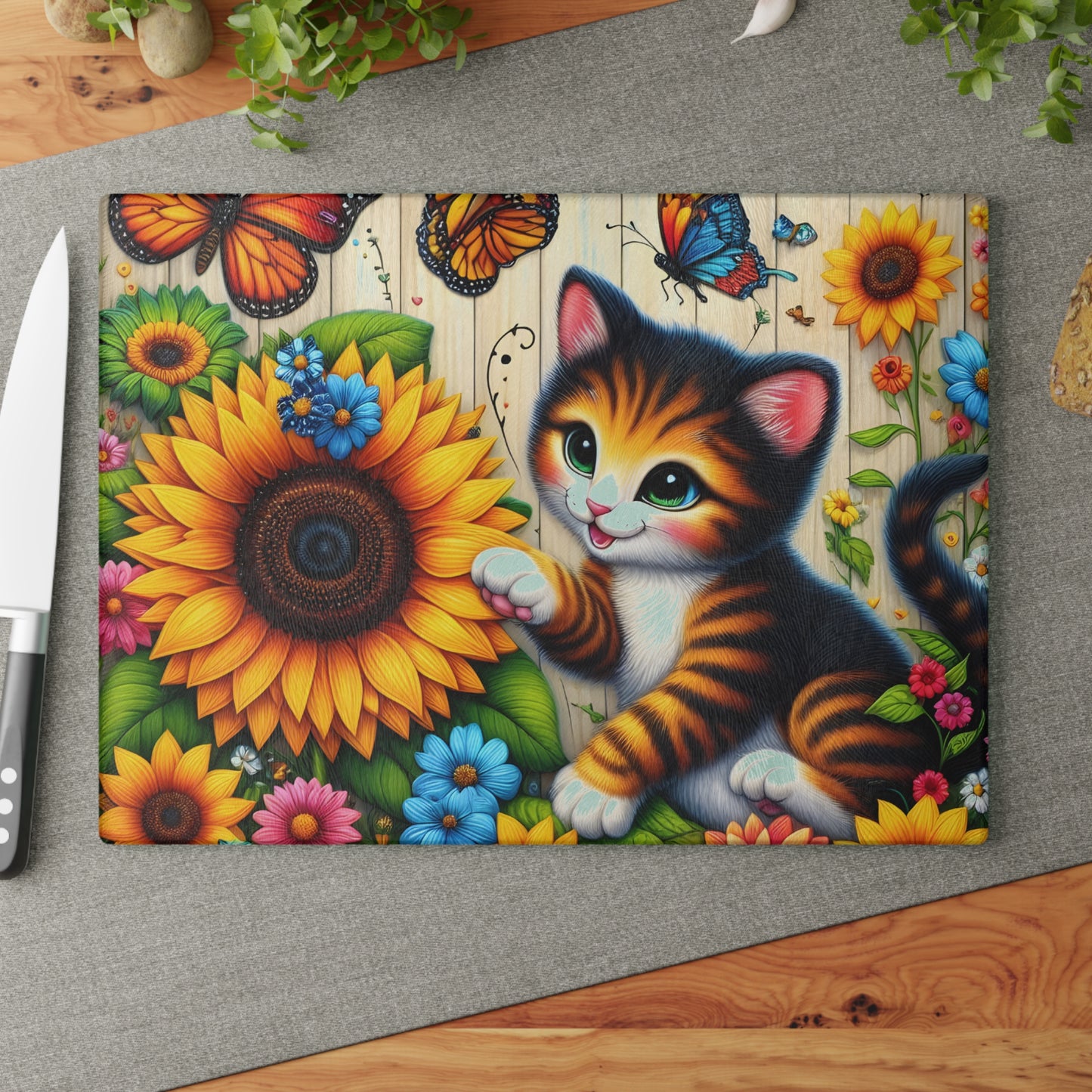 Colorful Cat & Sunflower Glass Cutting Board