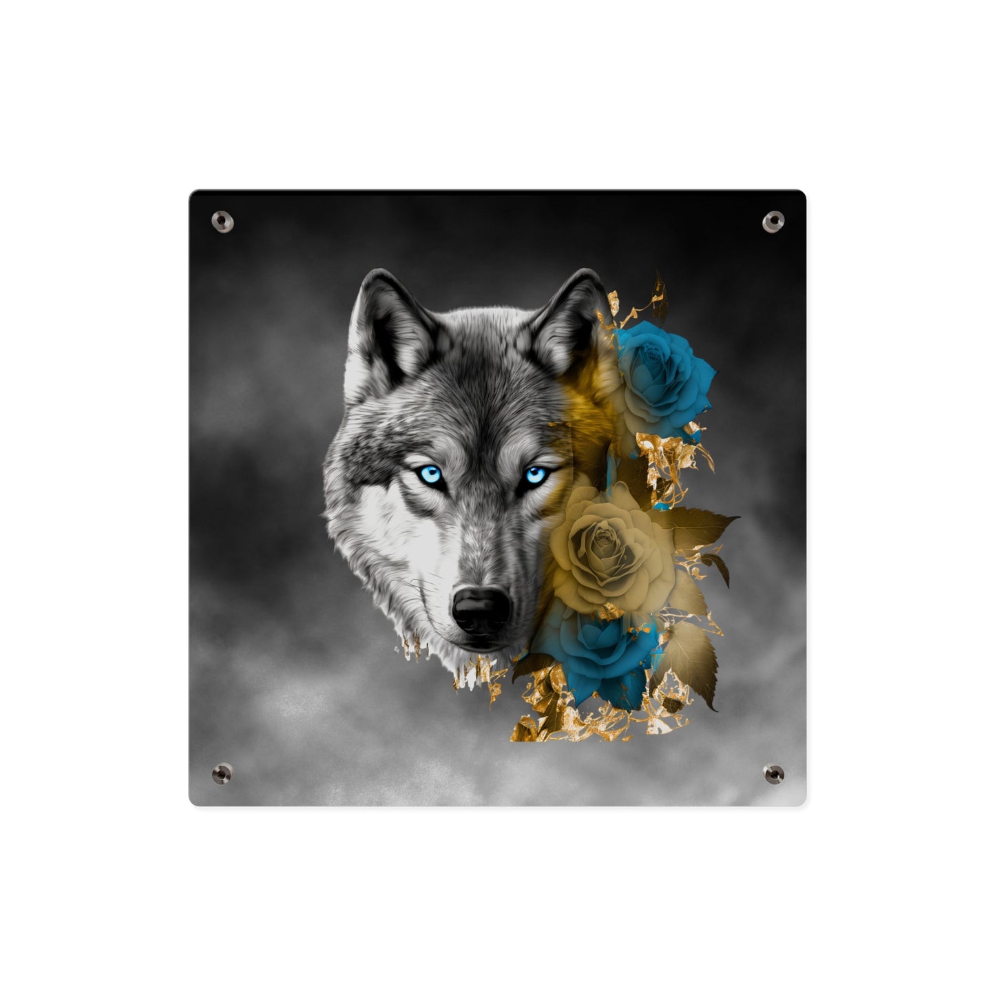 Lively Wolf Acrylic Wall Art Panel - Blue Roses Decor