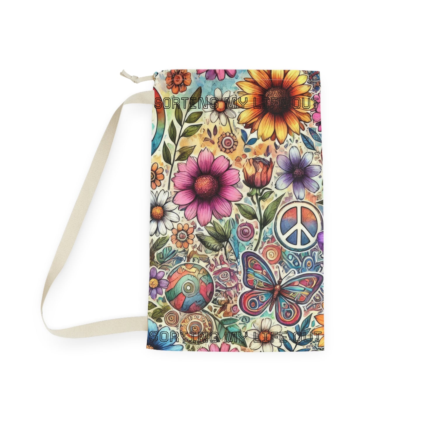 Bohemian Peace Floral "Sorting Out My Life" saying Laundry Bag — Drawstring Hippie Laundry Sack