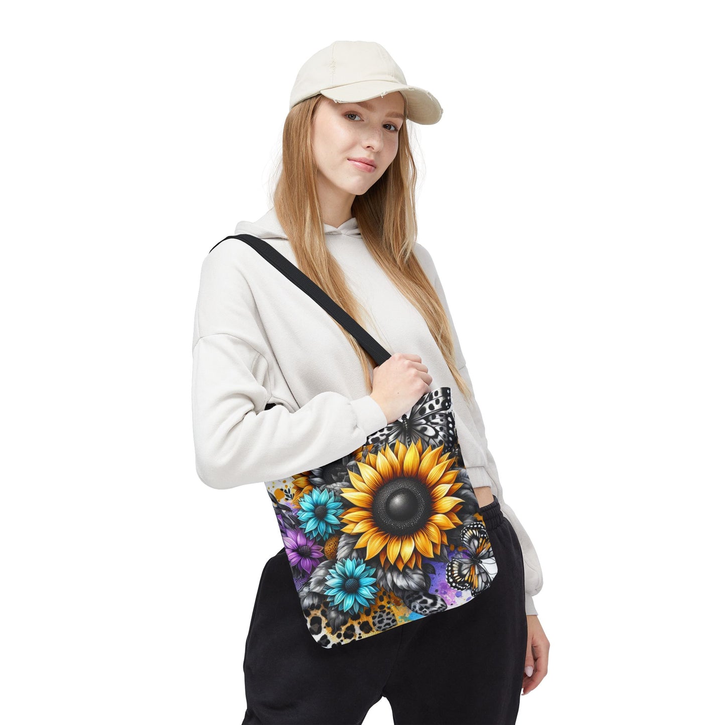 Sunflower & Butterfly Tote Bag — Colorful Floral All-Over Print