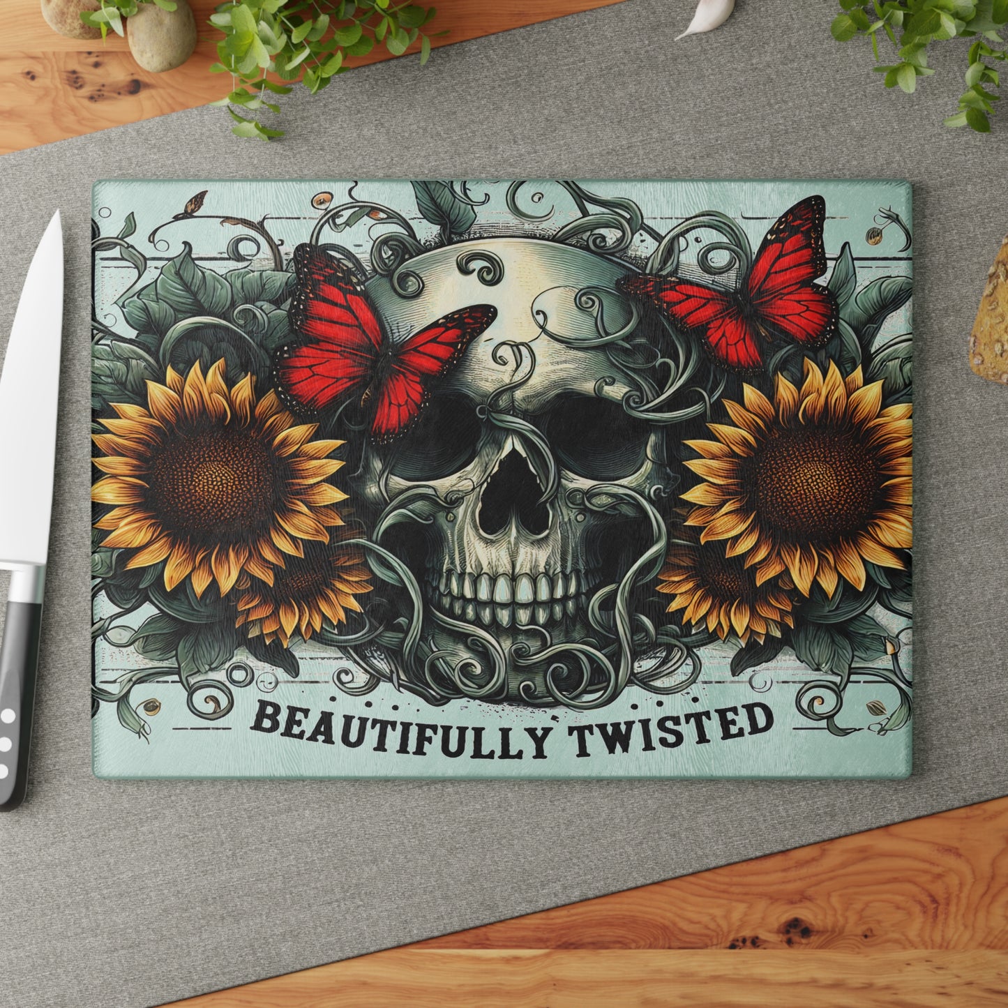 Beautifully Twisted Skull Glass Cutting Board with Sunflowers and Butterflies