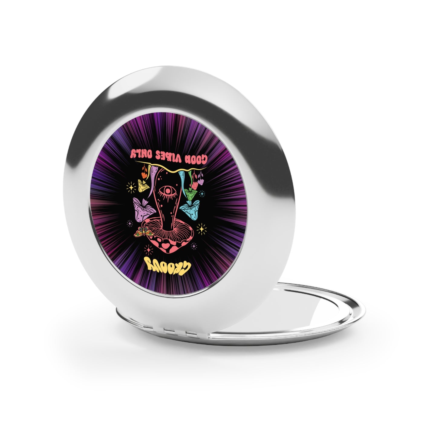 Compact Travel Mirror — Groovy Mushroom “Good Vibes Only” Pocket Mirror