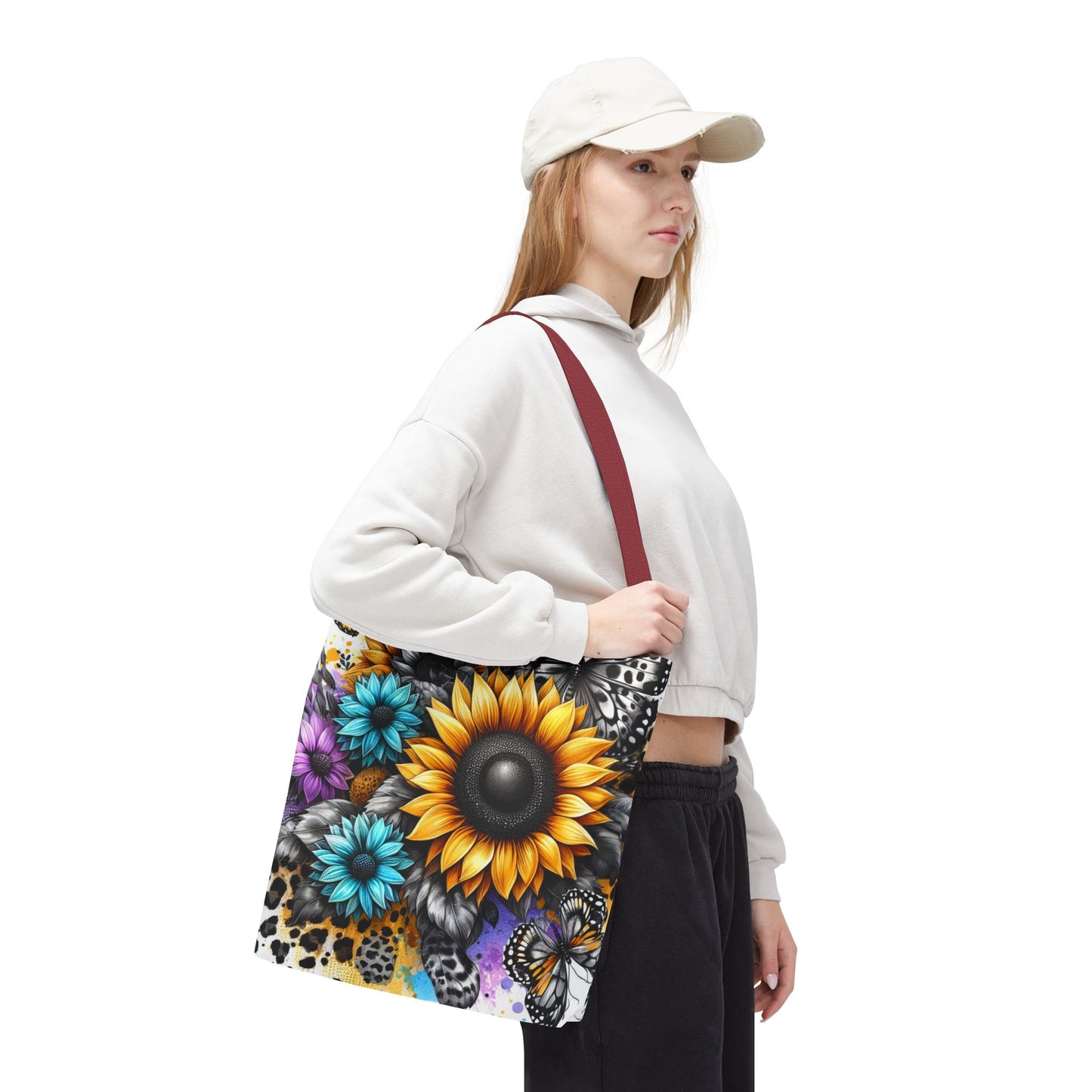 Sunflower & Butterfly Tote Bag — Colorful Floral All-Over Print