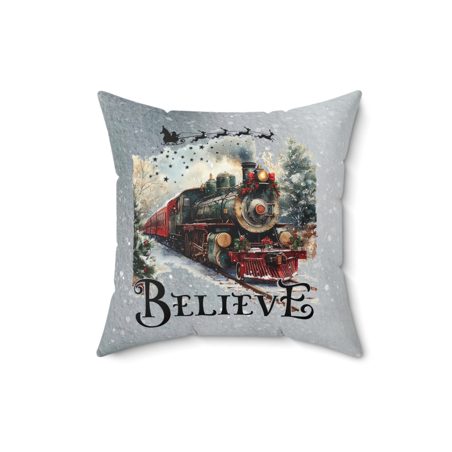 Christmas Train Decor Pillow - 'Believe' Spun Polyester Square Cushion Holiday Decor