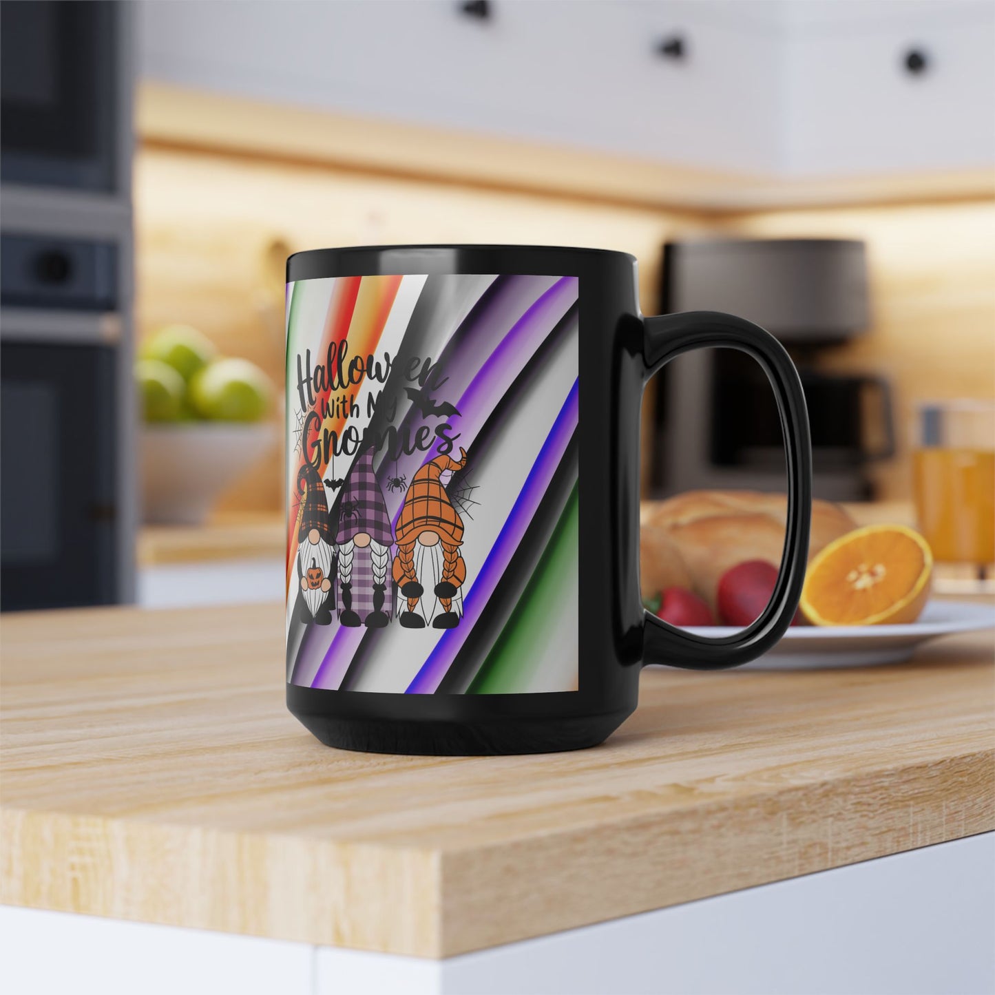 Halloween Theme Black Mug (11oz, 15oz), Cute Halloween Expression, Halloween Lovers, Gnome Lovers, Coffee, Tea, Hot Chocolate Lovers Gift Idea